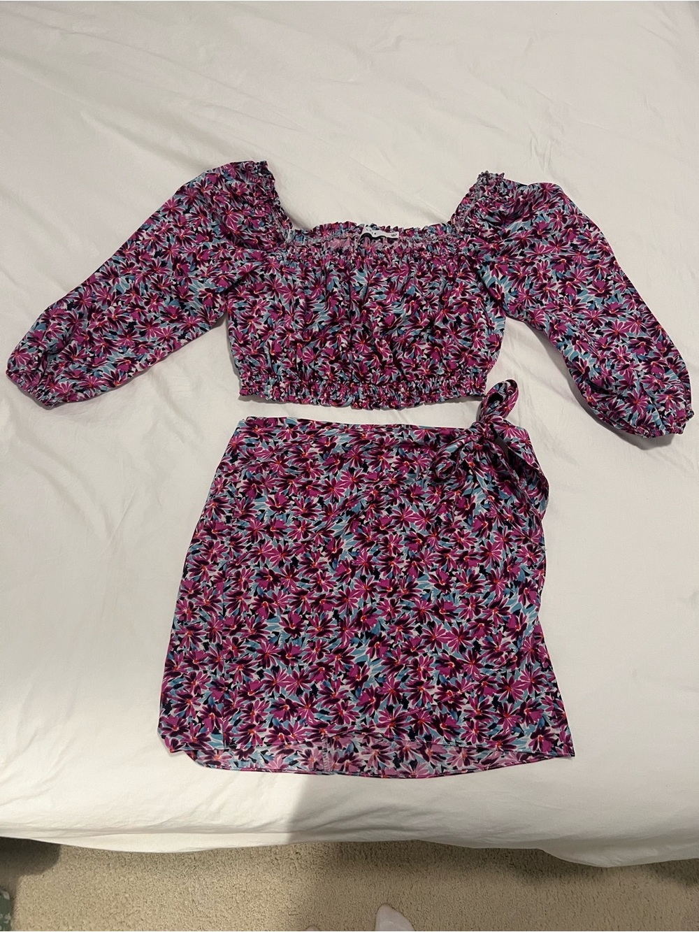 Lush Purple & Pink Floral Off-Shoulder Crop Top and Skirt